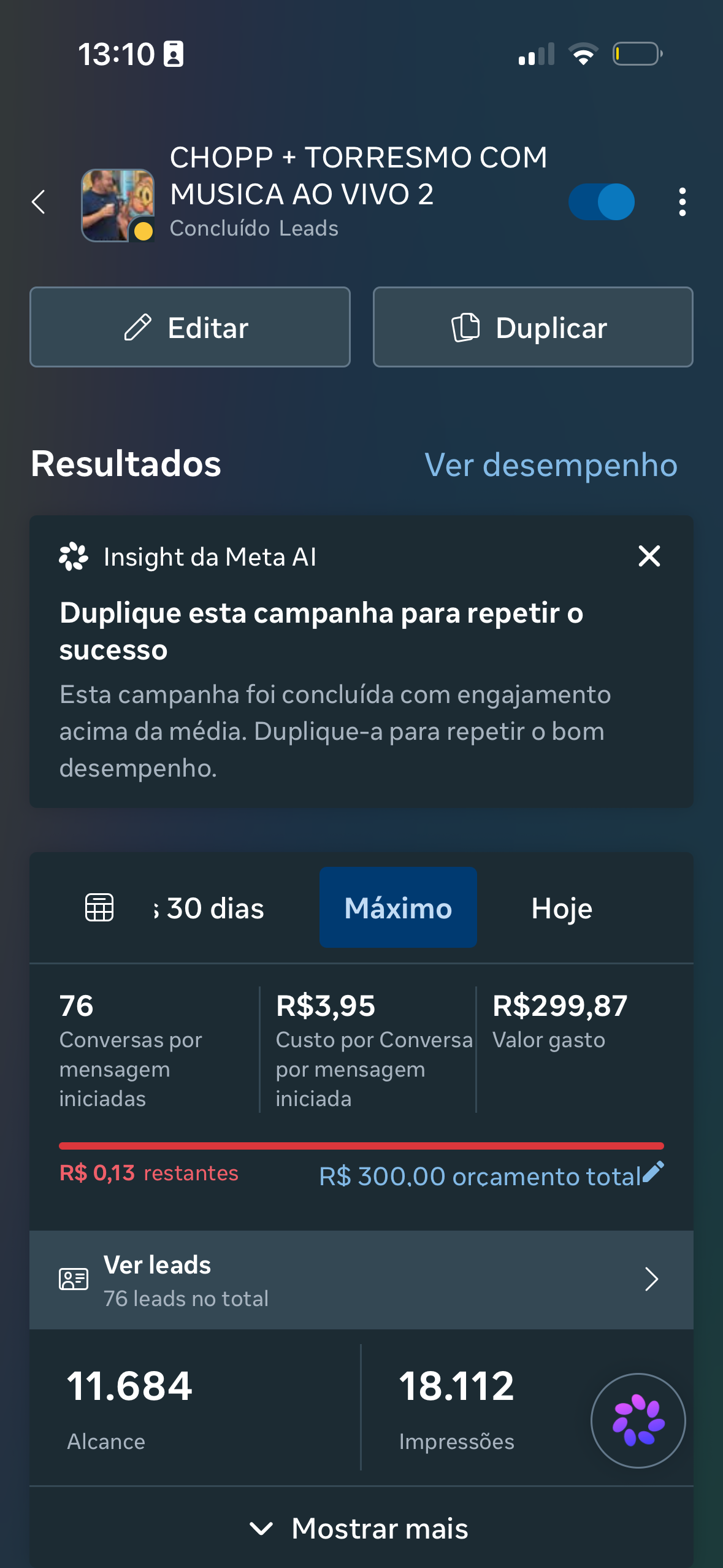Print original da campanha Chopp + torresmo / Música ao vivo: 76 conversas por mensagem iniciadas, custo de R$ 3,95 por conversa, alcance de 11.684 e investimento de R$ 299,87.