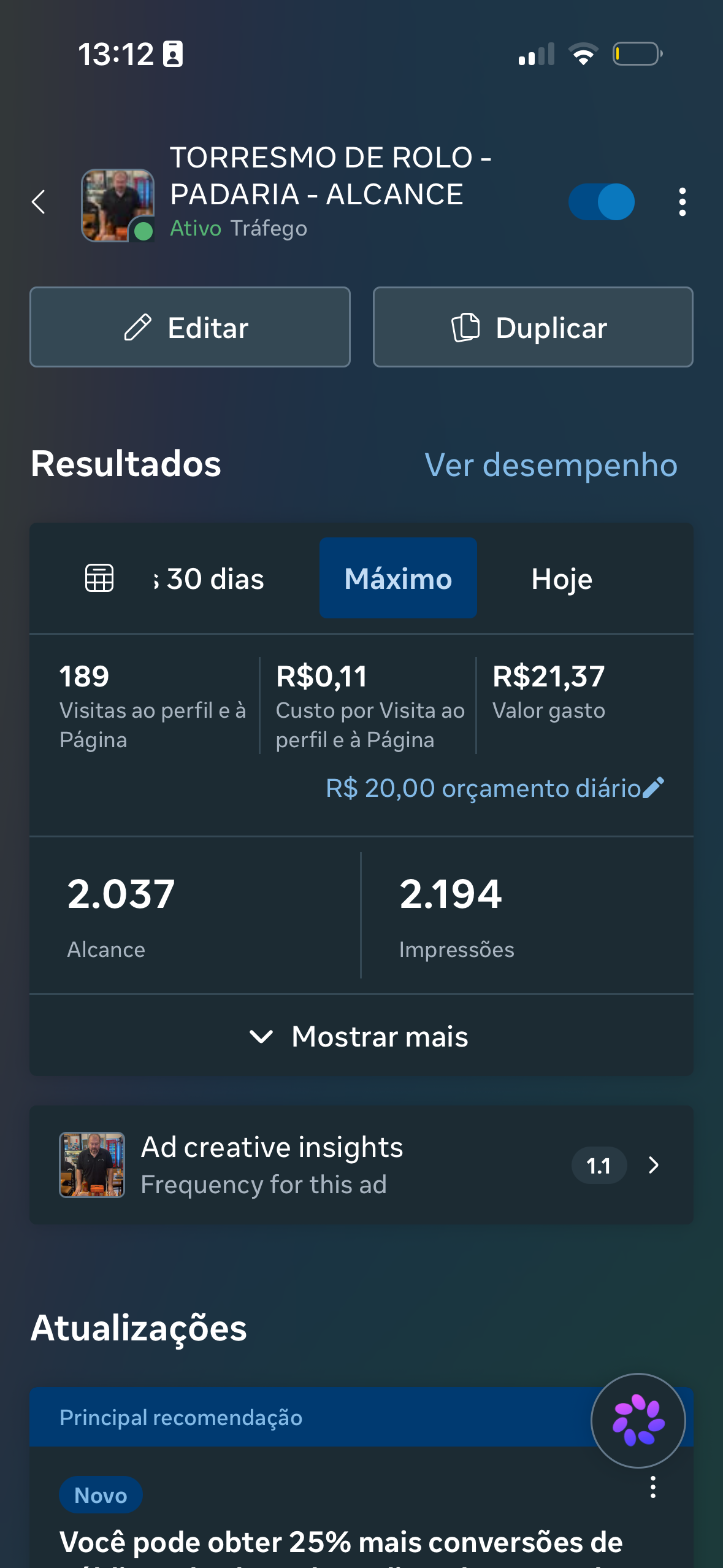 Print original da campanha Torresmo de rolo / Padaria: 189 visitas ao perfil e à Página, custo de R$ 0,11 por visita ao perfil e à Página, alcance de 2.037 e investimento de R$ 21,37.